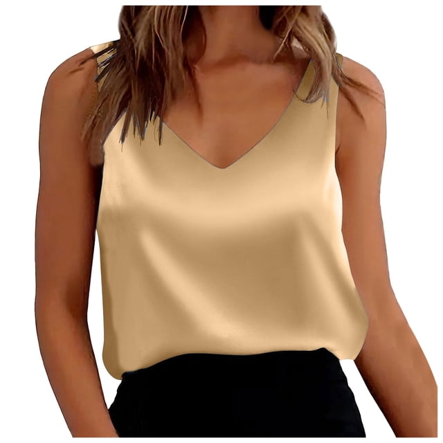 Blouses Sans Manches en Satin Coupe Ample Col en V - Polyester, Imprimé, Plusieurs Tailles