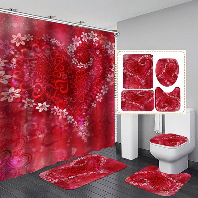 Valentine's Day 3D Digital Printing Shower Curtain 4-piece Set For Home / Hotel / Party Decoration