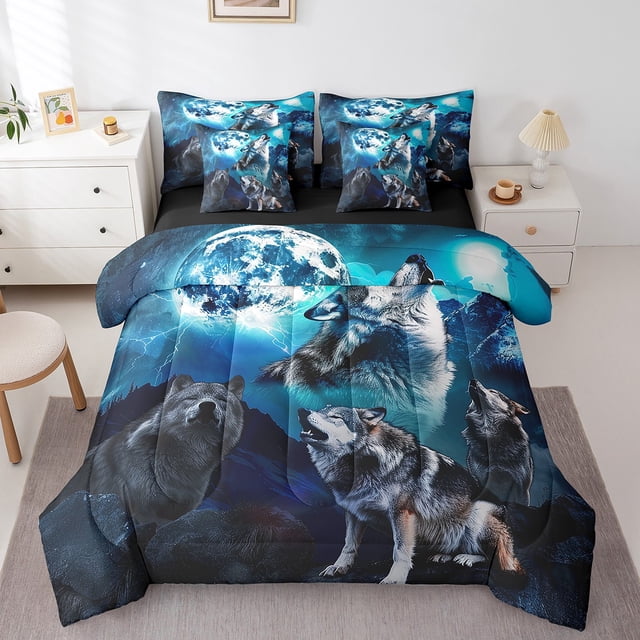 YST Howling Wolf Comforter Set, Wild Animals Starry Sky Galaxy Bed Set, 7-Piece, Full, Night Blue Moon
