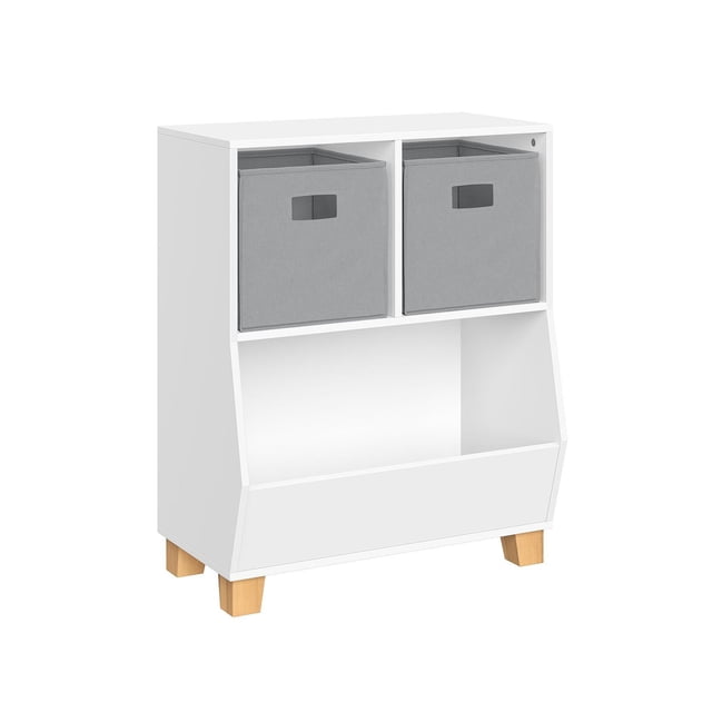 Kids Catch-All Multi-Cubby 24" Toy Organizer and 2 Bins with white painted MDF frame, two grey fabric storage bins in upper cubbies, and one open lower bin, supported by four solid pine legs, suitable for organizing toys, books, and games in a playroom.