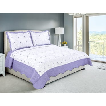 Marina Decoration Embroidered Stitching Coverlet Bedspread Ultra Soft Solid Bedding Summer Quilt Set with Quilted Sham, Purple Floral Pattern