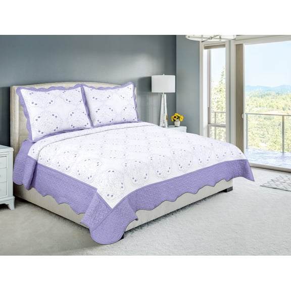 Marina Decoration Embroidered Stitching Coverlet Bedspread Ultra Soft Solid Bedding Summer Quilt Set with Quilted Sham, Purple Floral Pattern