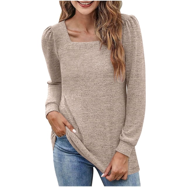 Plebaso Womens Square Neck Tunic Tops Pleated Long Sleeve Casual Shirts Solid Color Comfortable Blouses
