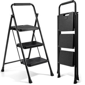 PhiloDeco 3 Step Ladder , 450lbs Folding Tread Stool with Auto-Lock, Ultra-Thin Portable, Iron ladders for home, office.Rustproof & Multi-Purpose, Fold ladders,No Assembly Needed
