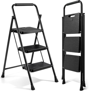 PhiloDeco 3 Step Ladder , 450lbs Folding Tread Stool with Auto-Lock, Ultra-Thin Portable, Iron ladders for home, office.Rustproof & Multi-Purpose, Fold ladders,No Assembly Needed