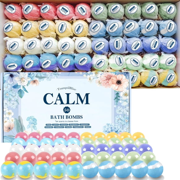 TranquilBliss Bath Bombs Set with 10 Rich Scents, 50 PCS Bath Bombs for Women, Natural Bubble Bath Bombs with Shea Butter & Safe Oil, Ideal for Christmas, Birthday, Vale