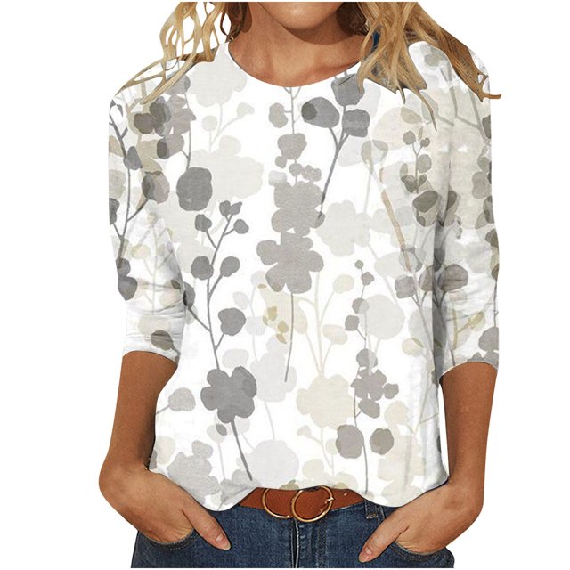 CEHVOM T-shirt Ample Imprimé Mode Femme Manches 3/4 Mi-Longueur Blouse Col Rond Hauts Décontractés Liquidation