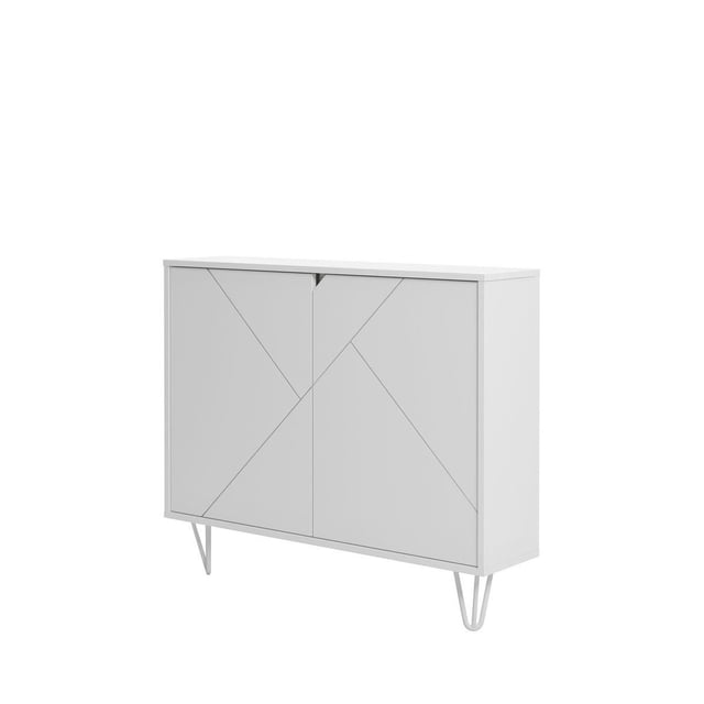 Nexera Armoire de Rangement Mince à 2 Portes en Blanc avec Panneaux de Porte Géométriques Sculptés, Profondeur Mince de 9,25 Pouces, Pieds en Épingle à Cheveux et Deux Tablettes Internes, Conçue pour le Montage Mural et Adaptée au Rangement compact dans le Salon Ou à l'Organisation de Petits Articles.
