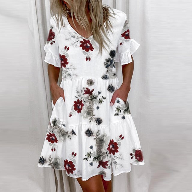 CEHVOM Robe Décontractée pour Femme à Col en V, à Volants, à Manches Courtes, Imprimée, avec Poches