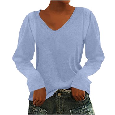 IROINID Économies T-Shirts à Manches Longues à Col en V pour Femmes, Détente, T-Shirt Imprimé, Chandail, Hauts, Bleu