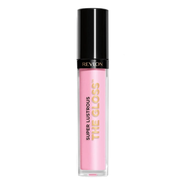 Revlon Super Lustrous™ The Gloss lip gloss in a clear rectangular tube with a black cap, featuring light pink glossy colour and gold and black text, delivering lightweight, shiny colour with hydration and moisturizing benefits for plumped lips.