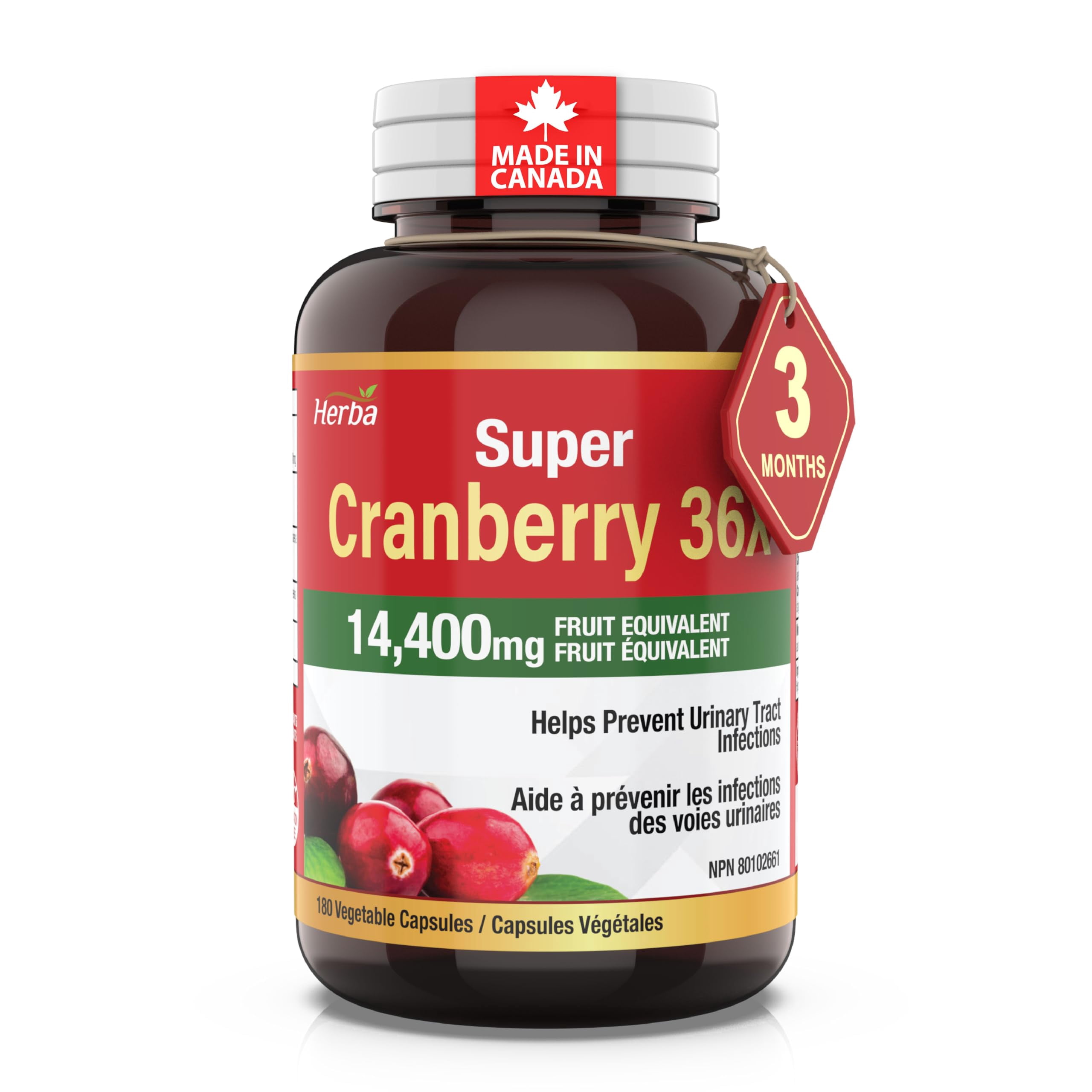 Herba Cranberry Pills for Women and Men – 180 Cranberry Capsules | 28,800mg Per Day | Made in Canada