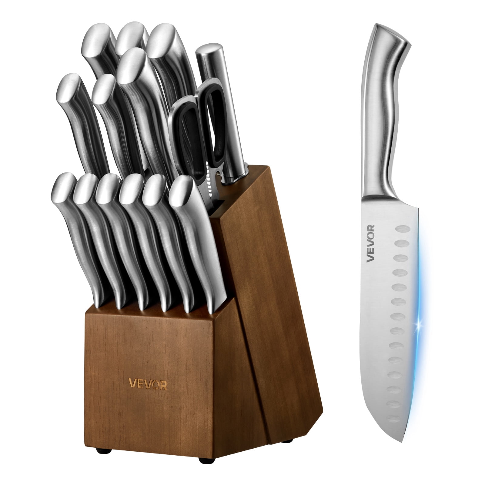 VEVOR Kitchen Knife Set with Block and Sharpener, 15 Piece German High Carbon Stainless Steel,with Ergonomic Handle, Sharpening Rod and Wooden Block.