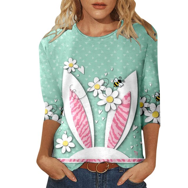 CEHVOM T-shirt Imprimé Pâques Mode Femmes Manches 3/4 Chemisier Col Rond Casual Tops Dégagement