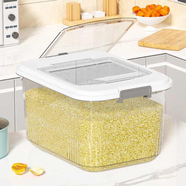 EXTRA Large Airtight Food Storage Cereal Containers for Bulk Food Storage BPA-Free Plastic Container displayed in a modern kitchen. The clear plastic design makes it easy to identify contents, such as yellow rice, without opening the container. Features include a latching lid for airtight storage and a large top opening for convenient loading and unloading, ideal for bulk food storage like rice, pasta, sugar, and flour.
