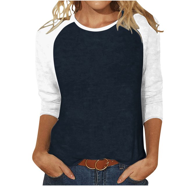 Birdeem T-Shirt Mode Femme Patchwork Imprimé Bloc de Couleur Manches 3/4 Blouse Col Rond Hauts Décontractés