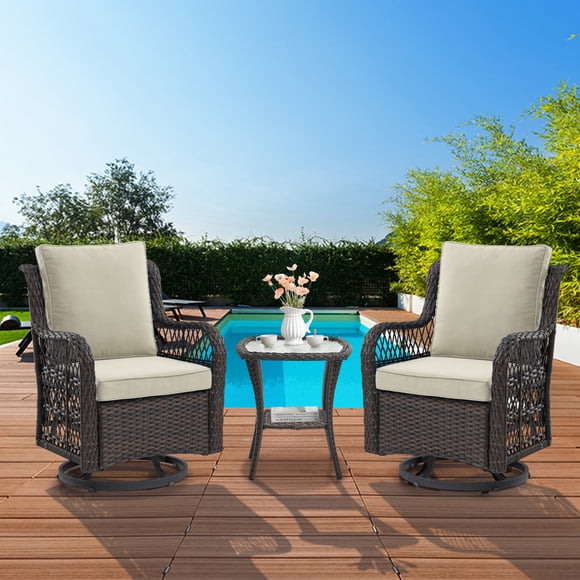 Senfot Ensemble Bistro Pivotant à Bascule pour l'Extérieur - Ensemble de Patio 3 Pcs avec 2 Chaises en Rotin et Table en Verre Trempé, Idéal pour Véranda et Terrasse Beige