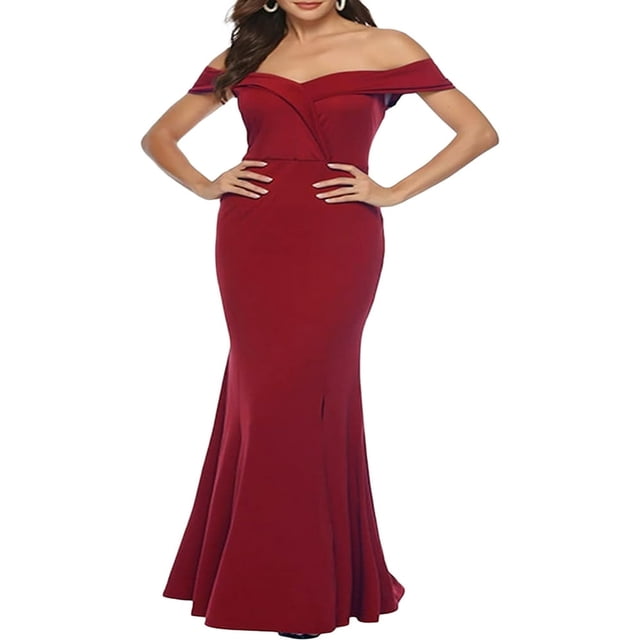 Women‘s Summer Long Evening Dress Solid Color Off Shoulder High Split Mermaid Hem Party Dress