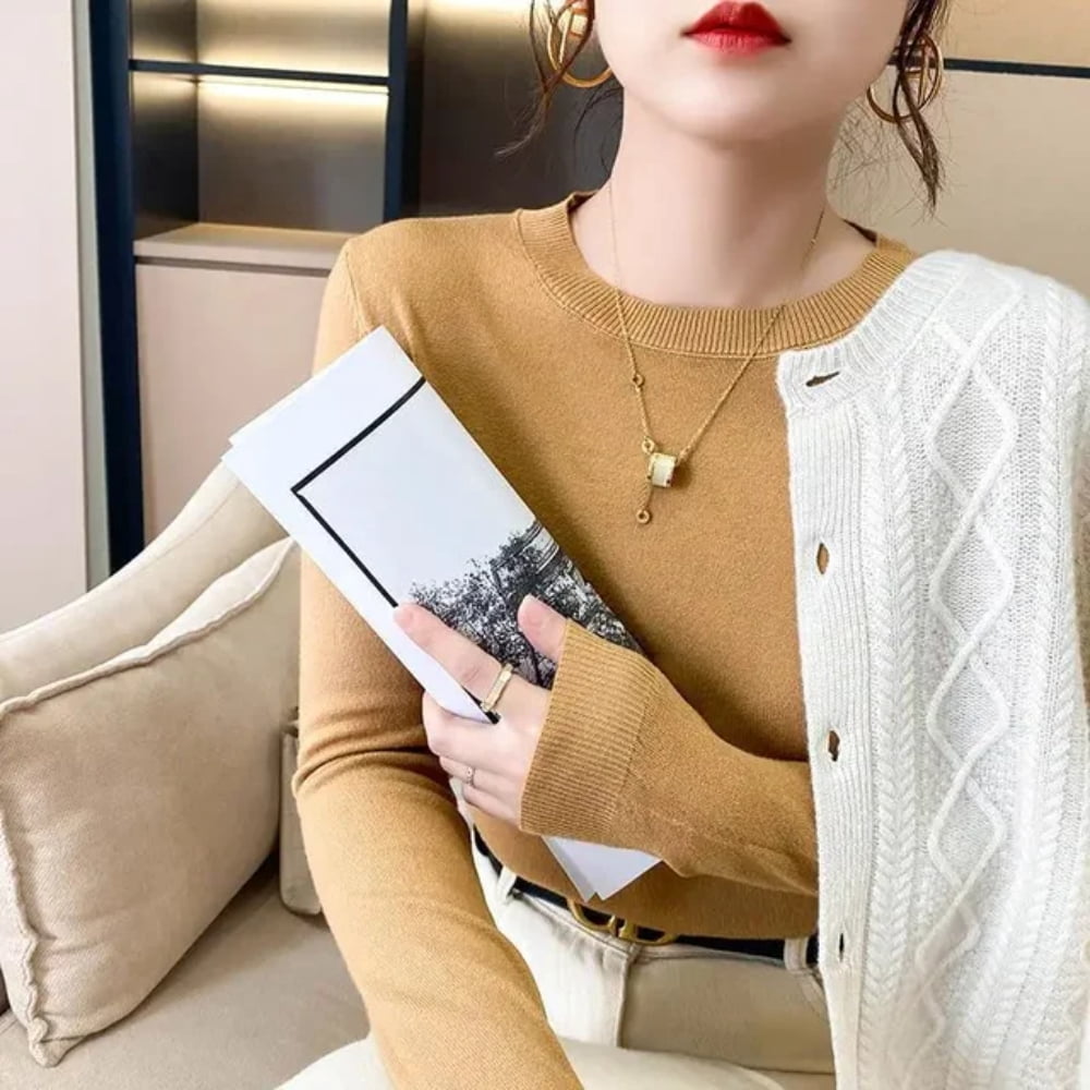 LNGOOR Chandail pour Femmes 2024 Col Rond Manches Longues Automne Hiver Pulls Mode Chandails Coréens Chandails de Base Chandails Ajustés en Tricot Chandails