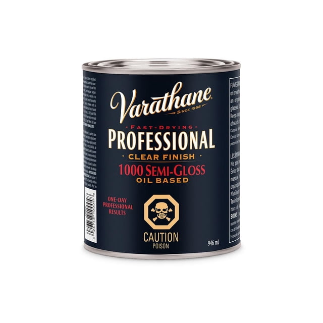 Varathane Professional Semi-Gloss Oil Base Clear Finish in a 946 ml dark blue can with gold and red text, featuring fast-drying, one-coat coverage, and a poison caution symbol, ideal for interior wood stain and finish applications.