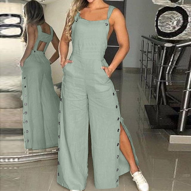 LOVZFMLL Combinaison pour Femme, Salopette Courte Décontractée Ample Sans Manches à Bretelles Ajustables avec Bavette, Tenue à Jambes Larges avec Poches Vert, m