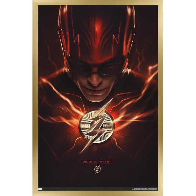 DC Comics Movie The Flash - The Flash One Sheet Wall Poster, 22.375" x 34", features a centered front view of The Flash's red suit with a glowing metallic lightning bolt emblem on the chest surrounded by electric orange streaks, set against a dark background with the text 'WORLDS COLLIDE' below, suitable for decorating bedrooms, offices, or dorm rooms.