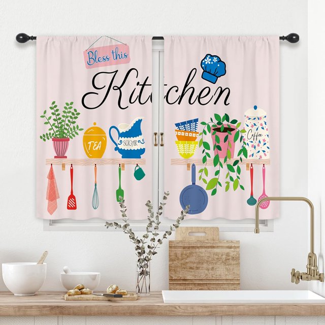 ORUYROP Rustic Plants Kitchen Curtains Short Small Farmhouse Quotes Botanical Pink Retro Country Rod Pocket Green Leaves Kitchenware Bedroom Living Room Treatment Fabric 2 Panels 27.5Wx39H Inc