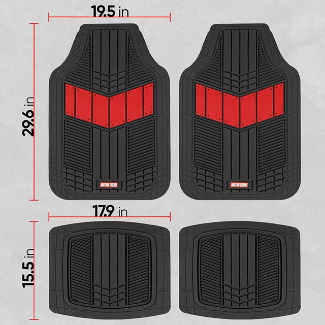Motor Trend-68 8-RD, Ensemble de 4 Tapis Robustes Bicolores, Rouge avec Deux Tapis de Plancher avant de Voiture Mesurant 19,5 par 29,6 Pouces avec design en Caoutchouc Noir et chevron Rouge, et Deux Tapis Arrière Mesurant 17,9 par 15,5 Pouces en Caoutchouc Noir avec Rainures Texturées pour protection et traction par Tous les Temps.