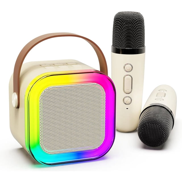 MesaSe Integrated Bluetooth Audio Portable Wireless Microphone Children‘s Karaoke Machine Intelligent Wireless Mini Speaker with 2 Microphone(Pink)