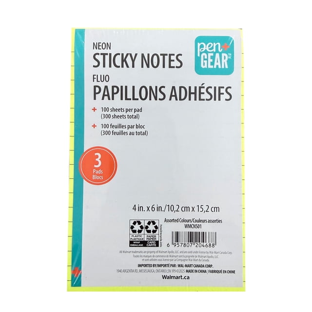 Pen+Gear 4X6 In Neon 3 Pk Notes Total 300 sheets