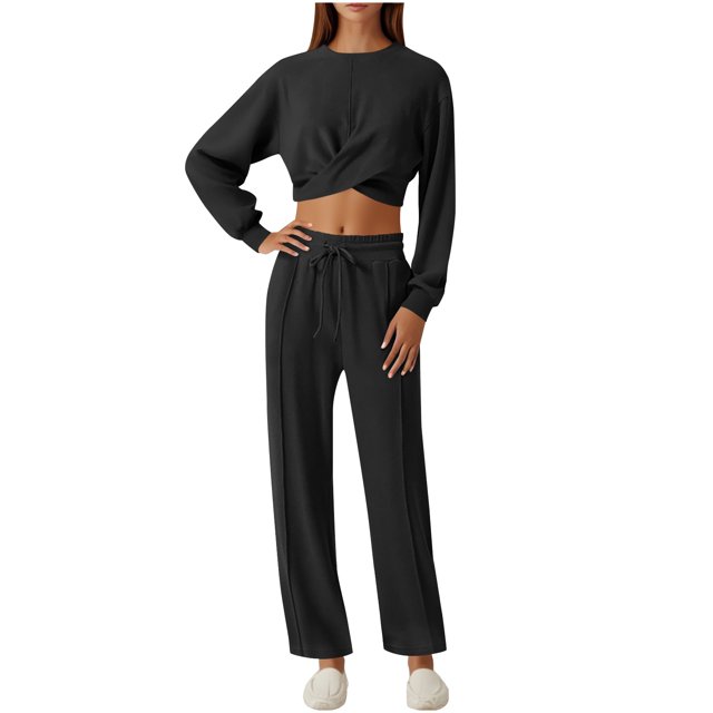 ShomPort Womens 2PC Matching Set Long Sleeve Crewneck Wrap T-Shirts Drawstring Elastic Waist Loose Pants Going Out Trendy Set