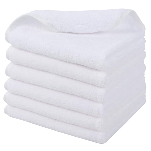 Microfiber face cloths for bath, reusable makeup remover cloths in a white 6-pack. Ultra-soft and absorbent washcloths with reinforced edges, fast drying and gentle on sensitive skin, stacked neatly to showcase their plush texture.