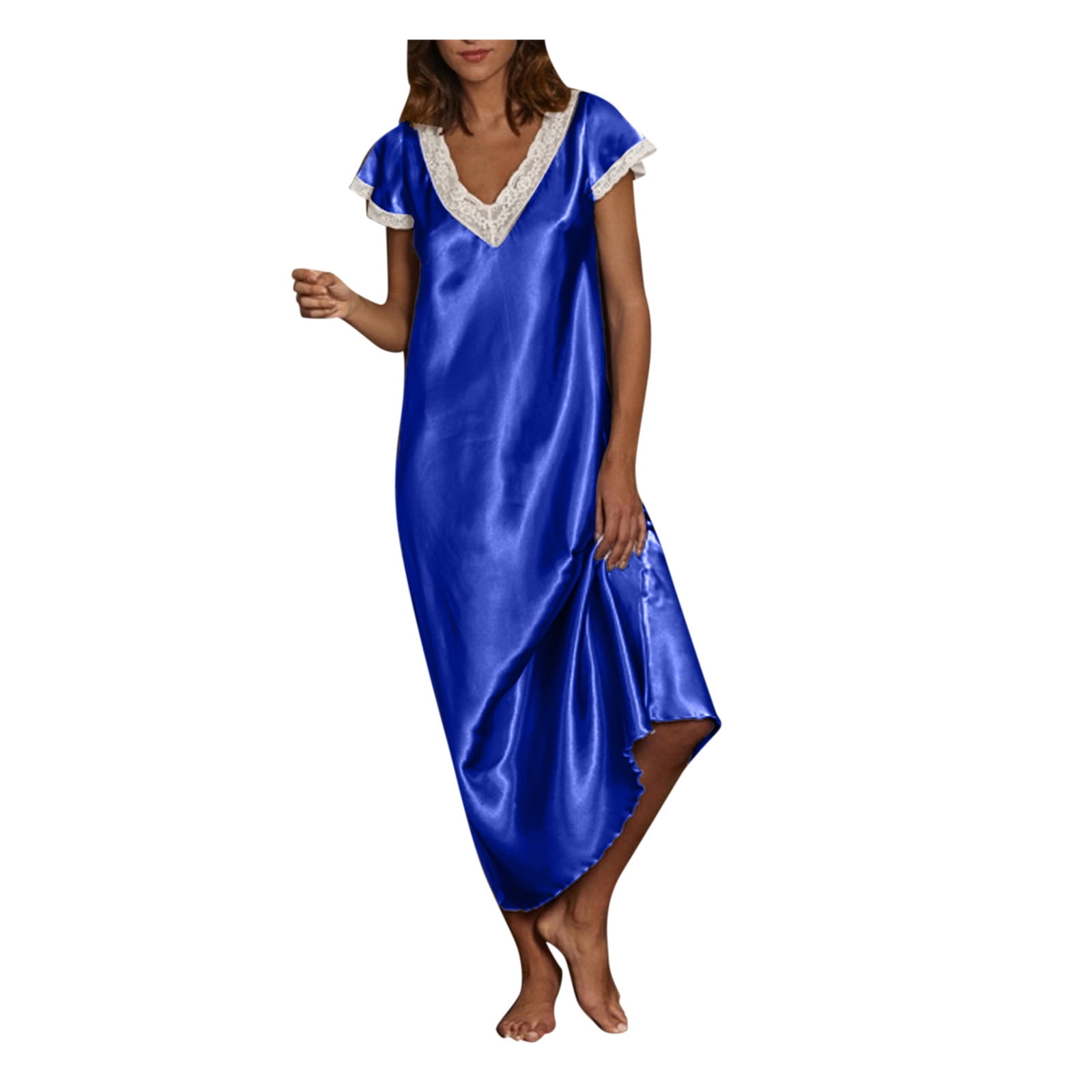 Robe à Manches Courtes Femmes Manches Courtes Col en V Tenue d'Intérieur Pyjamas Longue Robe Chemises de Nuit Vêtements de Nuit