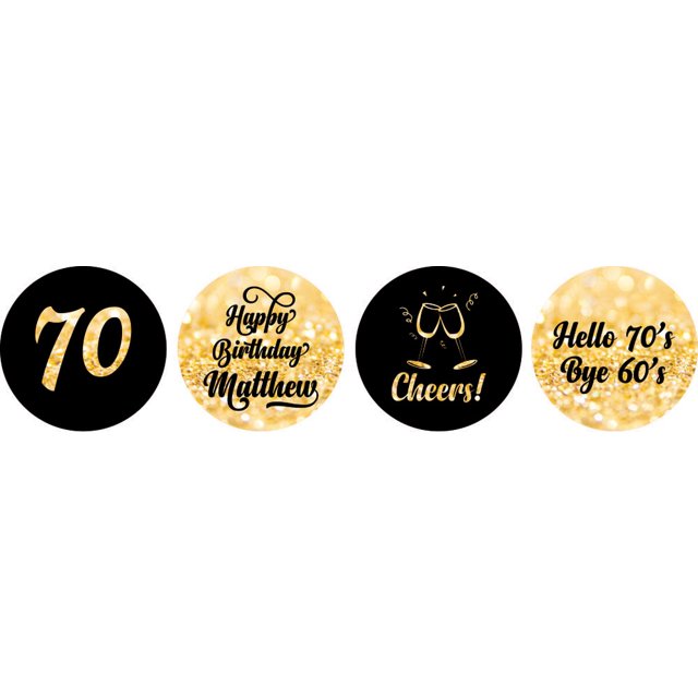 Darling Souvenir Cheers 70th Birthday Custom Name Stickers 190 Pcs Candy Labels Party Favor-Glitter Gold & Black