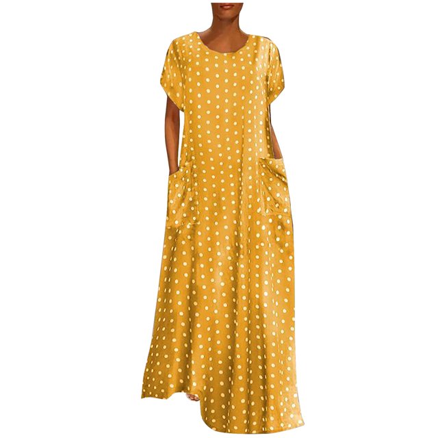 Fridja Robes Maxi à Manches Courtes Amples pour Femmes Grande Taille avec Poches et Imprimé à Pois