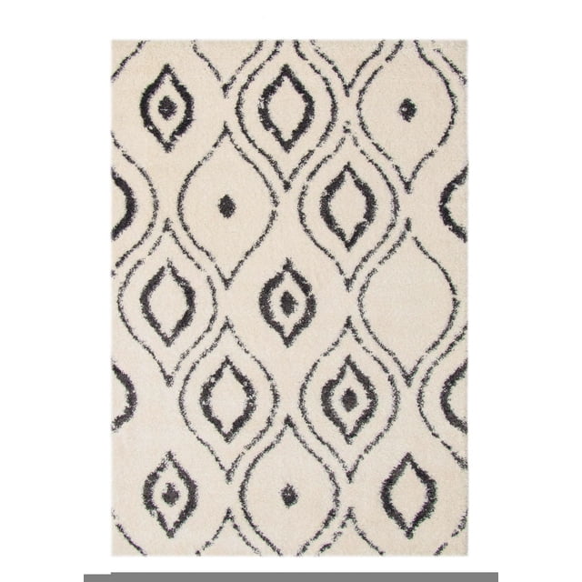ECARPET Caspia Ivory Shag indoor area rug with a plush ivory shag texture and a repeating Moroccan-inspired black diamond pattern, ideal for accenting living spaces and available in 4x6, 5x7, and 8x10 sizes.
