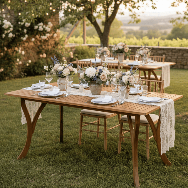 Homy Casa Outdoor Acacia Dining Table, 59 in. rectangle with slatted acacia top and curved legs, set on grass in a garden patio. The all-weather table seats six with wooden chairs and features lace runners, floral centerpieces in rustic vases, and place settings with plates, glasses, and cutlery. Adjustable feet keep it level on uneven ground.