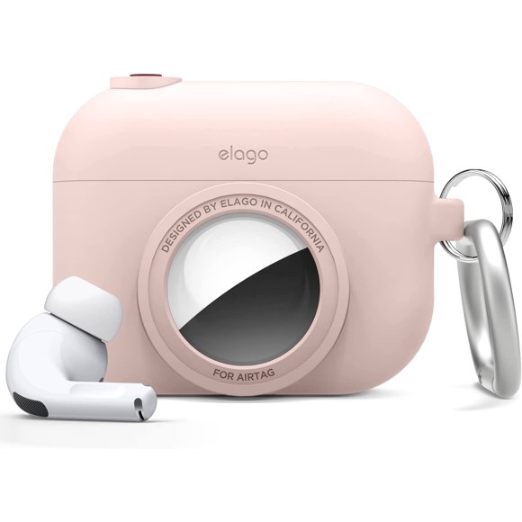 AmPm Snapshot Cover Compatible with Apple AirPods Pro and AirTags - Cute Classic Camera Design, Locator Case, Drop Protection, Carabiner Key Ring Included - Tracking Device Not Included (Stone)