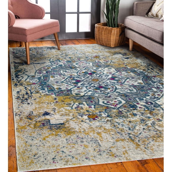 596486 Vienne Vintage Faded Turkish Medallion Ivory and Navy Area Rug 7'10"x10'