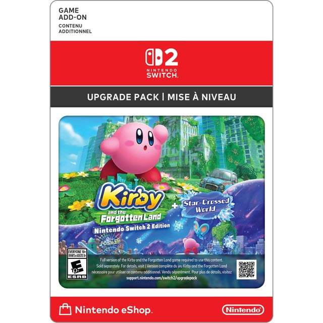 Kirby and the Forgotten Land – Édition Nintendo Switch 2 + Paquet de Mise à Niveau Star-Crossed World, Couverture de code Numérique Montrant Kirby dans une Ville Luxuriante et Envahie par les Fleurs et les Ruines, logo Nintendo Switch 2, Étiquette d'Extension de Jeu et Image de Marque Nintendo eShop.