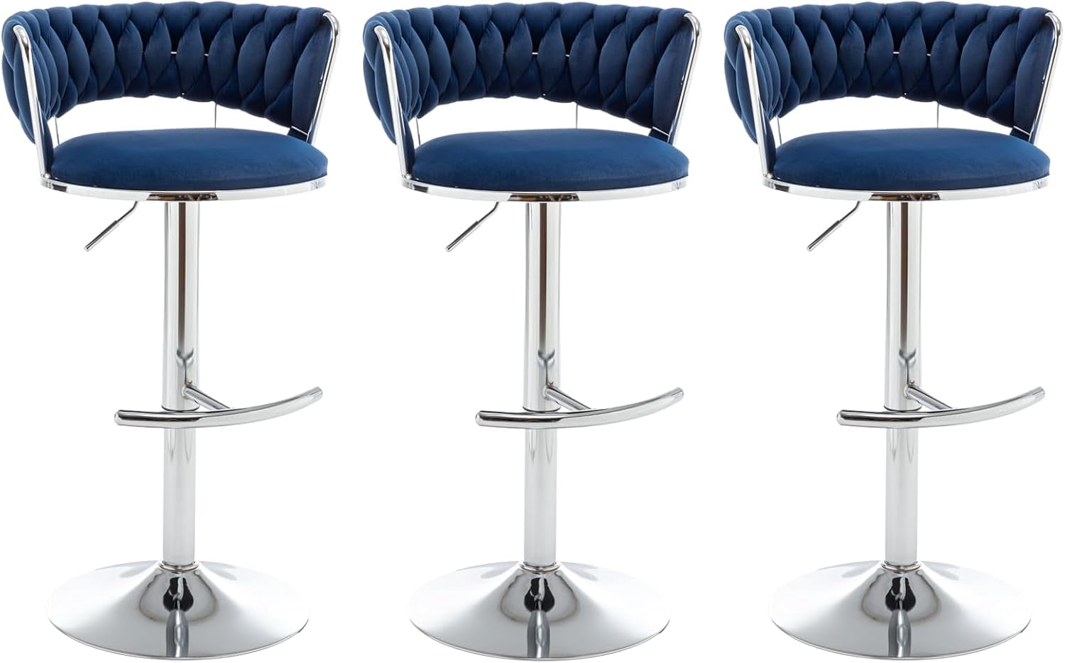 Velvet Bar Stools Set of 3, Counter Height Barstools with Low Back, Swivel Bar Stool for Kitchen Island, Pub (Blue)
