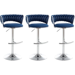Velvet Bar Stools Set of 3, Counter Height Barstools with Low Back, Swivel Bar Stool for Kitchen Island, Pub (Blue)