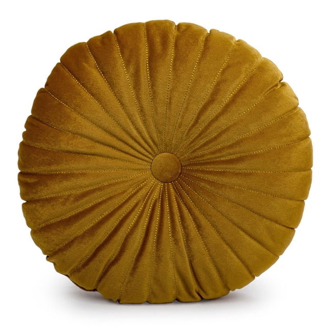 Truu Design Coussin Décoratif Rond en Faux Velours Jaune Moutarde avec Diamètre de 15 Pouces et Épaisseur de 4 Pouces, avec Surpiqûres Radiales Plissées et Touffe de Bouton Centrale, Fabriqué en polyester durable avec insert en Fibre, Convient pour Canapé, Lit Ou Sièges au Sol.