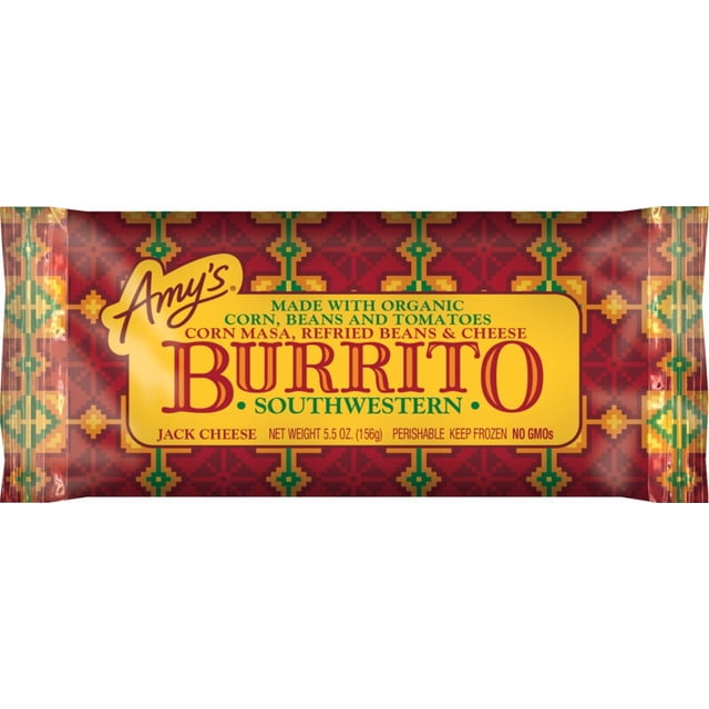 Amy's Southwestern Burrito package with red and green southwestern geometric pattern and yellow label stating it contains organic corn, beans, tomatoes, corn masa, refried beans, and cheese, weighing 5.5 oz (156g), non-GMO, perishable, and to keep frozen, often used as a convenient frozen meal option.
