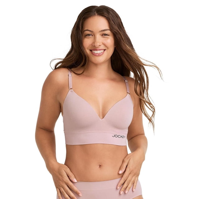 Jockey® Essentials Seamfree® Comfort Bralette in soft mauve, featuring a wireless, breathable design with an extra wide underband for gentle support, adjustable straps, and seamless stretch fabric that moves with the body for all-day comfort.