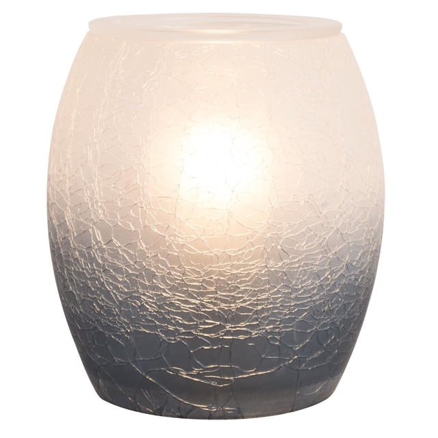 ScentSationals Full Size Warmer - Roulette with a rounded form and crackled glass texture in grey fading to off-white, softly lit by a 25-watt bulb inside to safely melt wax cubes and fill rooms with warm fragrance and ambiance.