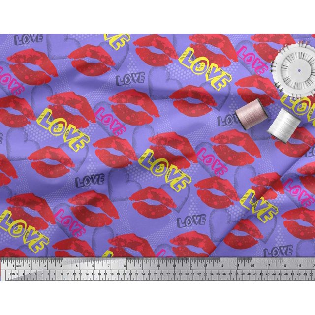 Soimoi Purple polyester Crepe Fabric Text,Lips & Heart Print Fabric by the Yard 42 Inch Wide