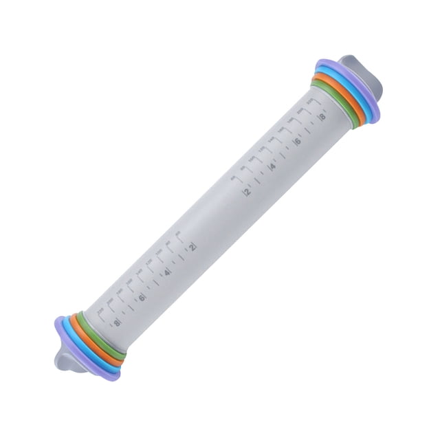 Dvkptbk Rouleau à Pâtisserie Rouleau en Acier, avec 4 Anneaux Amovibles et Tapis pour la Cuisson. un Rouleau en Acier Inoxydable de 12,2 Po avec une surface de Roulement de 9 Po, Comprenant Quatre Anneaux Amovibles de Couleurs Aléatoires (Rouge, orange, Bleu, Vert) pour des Réglages d'Épaisseur Ajustables de 1/16, 1/8, 1/4 et 3/8 Po. Comprend un Tapis de Cuisson avec des Mesures pour un Roulement Précis de la Pâte. Léger, Facile à Nettoyer et Résistant à la Rouille et au Moule.