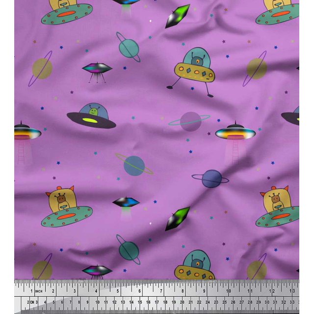 Soimoi Georgette Viscose Fabric Planet,Animal & Spaceship Cartoon Print Sewing Fabric Yard 42 Inch Wide