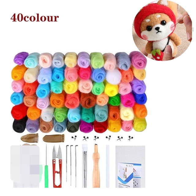 40 Aiguilles de Feutrage en Laine de Feutrage de Couleur Aiguille Feutrage à Sec Ensemble d'Outils d'Artisanat de Feutrage. Comprend 40 Rouleaux de Laine Multicolores (3 g Chacun), finger cots, black bean eyes, une Alêne, des Ciseaux, des Aiguilles de Poche, une Aiguille à Manche en Bois, un Bâton de Colle, un Établi et un Tutoriel de Laine. Organisé dans une Boîte de Rangement Transparente pour un Accès Facile. Convient au Feutrage à l'Aiguille, au Feutrage à Sec, au Feutrage Humide, au Filage